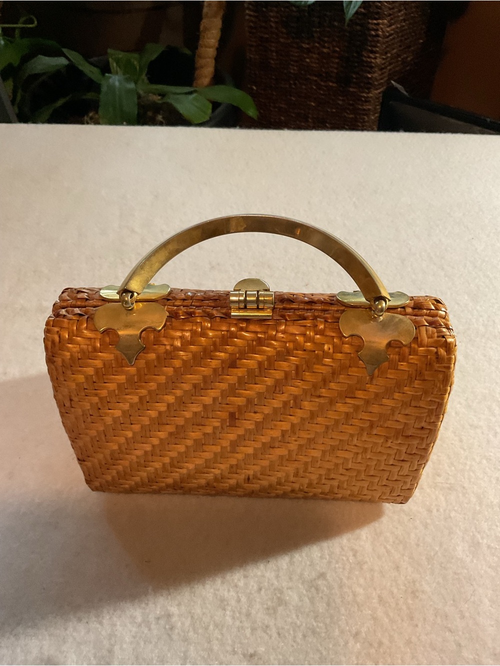 Woven Straw Clutch with Gold-Tone Handle in Natural Tan